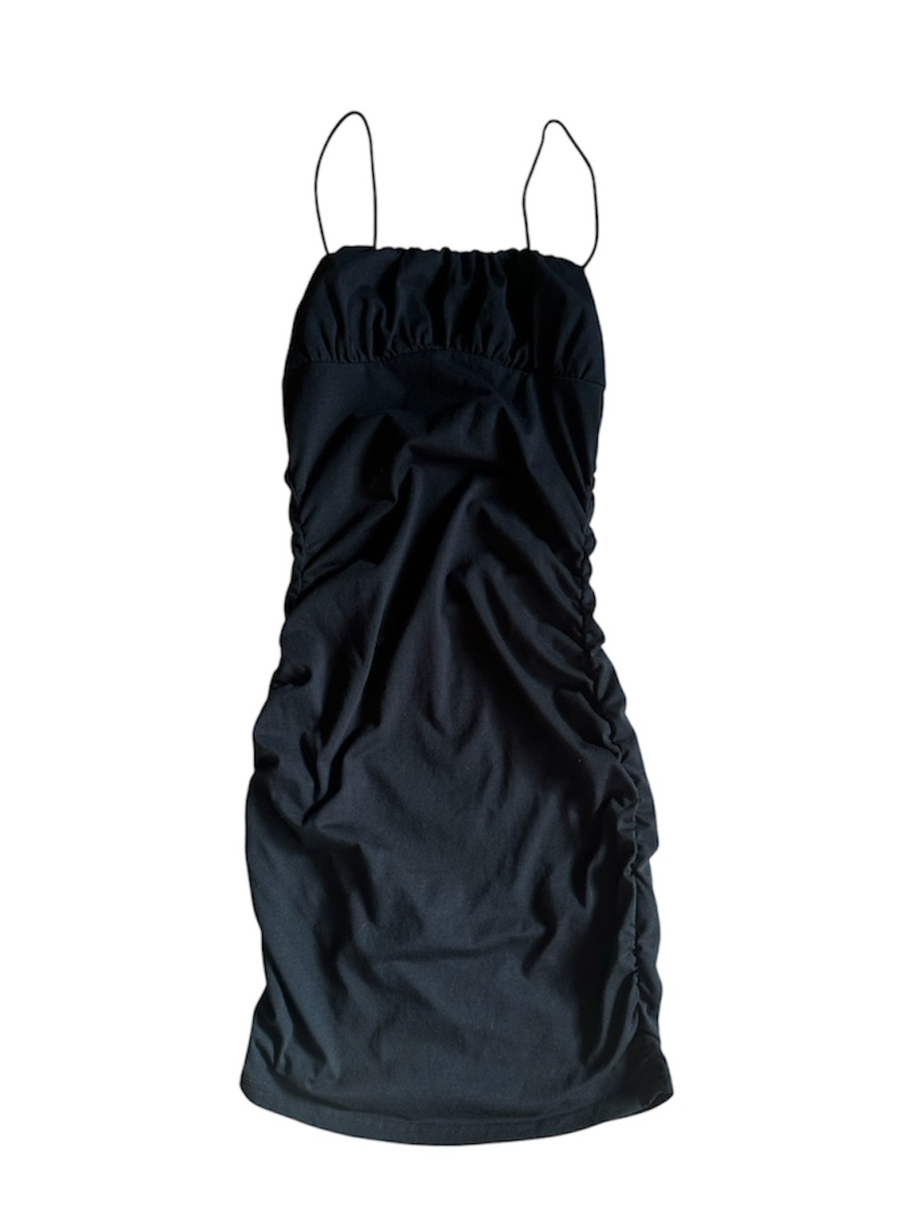 Black Spaghetti Strap Ruched Bodycon Dress